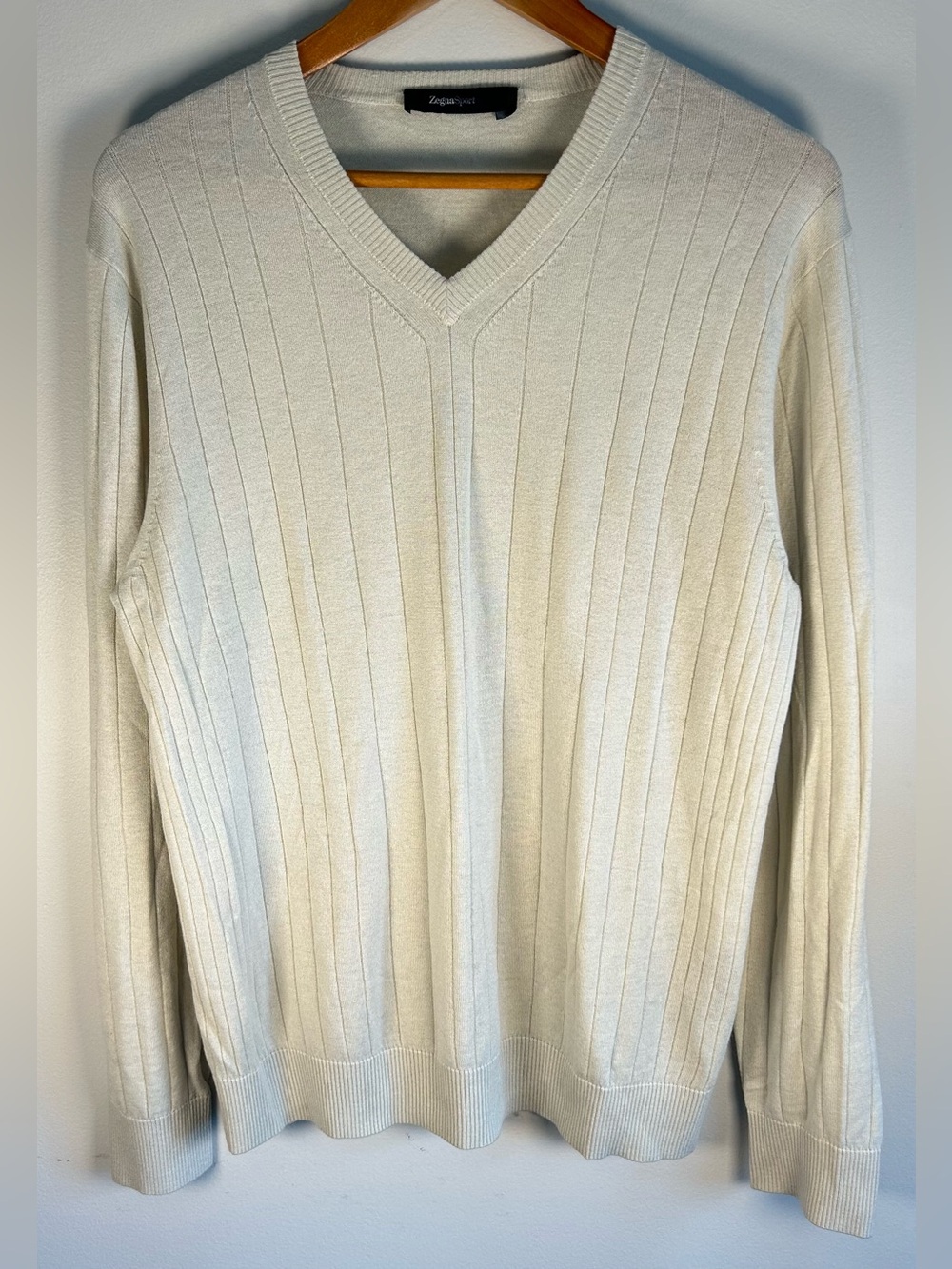 Zegna Sport Sweater Size XL Silk Wool Beige V Neck Ribbed Soft Quiet Luxury EUC